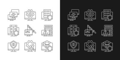 Cybercrime and its prevention linear icons set for dark and light mode. Phishing and Dos attack. Customizable thin line symbols. Isolated vector outline illustrations. Editable stroke
