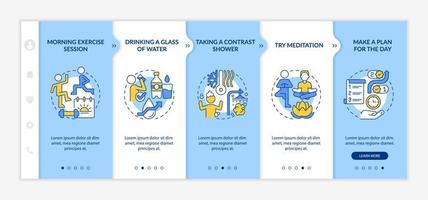 Daily morning routine blue and white onboarding template. Habits of wellness. Responsive mobile website with linear concept icons. Web page walkthrough 5 step screens. Lato-Bold, Regular fonts used vector