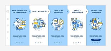 Tips for building morning routine blue and white onboarding template. Day start. Responsive mobile website with linear concept icons. Web page walkthrough 5 step screens. Lato-Bold, Regular fonts used vector