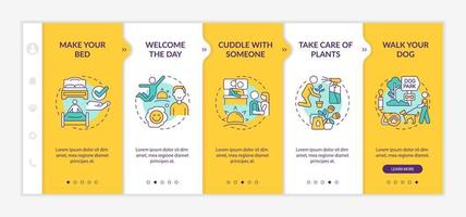 Everyday routine tips yellow onboarding template. Leisure and lifestyle. Responsive mobile website with linear concept icons. Web page walkthrough 5 step screens. Lato-Bold, Regular fonts used vector