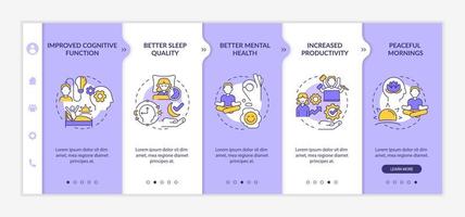 Waking up early benefits purple and white onboarding template. Healthy life. Responsive mobile website with linear concept icons. Web page walkthrough 5 step screens. Lato-Bold, Regular fonts used vector