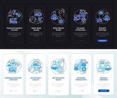 Waking up early night and day mode onboarding mobile app screen. Life walkthrough 5 steps graphic instructions pages with linear concepts. UI, UX, GUI template. Myriad Pro-Bold, Regular fonts used vector