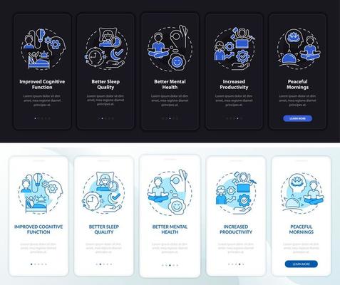 Waking up early night and day mode onboarding mobile app screen. Life walkthrough 5 steps graphic instructions pages with linear concepts. UI, UX, GUI template. Myriad Pro-Bold, Regular fonts used