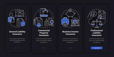 Insurance types night theme onboarding mobile app screen. Coverage walkthrough 4 steps graphic instructions pages with linear concepts. UI, UX, GUI template. Myriad Pro-Bold, Regular fonts used vector