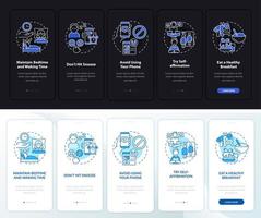 Sugerencias para el modo de inicio de día, noche y día al incorporar la pantalla de la aplicación móvil. tutorial de ideas 5 pasos páginas de instrucciones gráficas con conceptos lineales. interfaz de usuario, ux, plantilla de interfaz gráfica de usuario. innumerables fuentes pro-negrita y regulares utilizadas vector