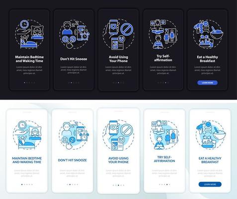 Tips for day start night and day mode onboarding mobile app screen. Ideas walkthrough 5 steps graphic instructions pages with linear concepts. UI, UX, GUI template. Myriad Pro-Bold, Regular fonts used