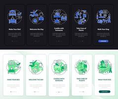 Daily routine tips night and day mode onboarding mobile app screen. Life walkthrough 5 steps graphic instructions pages with linear concepts. UI, UX, GUI template. Myriad Pro-Bold, Regular fonts used vector