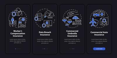 Coverage type night theme onboarding mobile app screen. Insurance service walkthrough 4 steps graphic instructions pages with linear concepts. UI, UX, GUI template. Myriad Pro-Bold, Regular fonts used vector