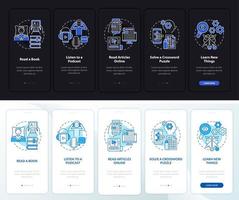 Morning routine night and day mode onboarding mobile app screen. Tips walkthrough 5 steps graphic instructions pages with linear concepts. UI, UX, GUI template. Myriad Pro-Bold, Regular fonts used vector