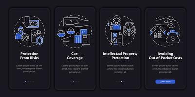 pantalla de la aplicación móvil de incorporación del tema de la noche de seguros corporativos. tutorial de servicio páginas de instrucciones gráficas de 4 pasos con conceptos lineales. interfaz de usuario, ux, plantilla de interfaz gráfica de usuario. innumerables fuentes pro-negrita y regulares utilizadas vector