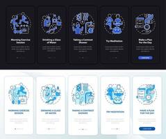 Daily routine night and day mode onboarding mobile app screen. Wellness walkthrough 5 steps graphic instructions pages with linear concepts. UI, UX, GUI template. Myriad Pro-Bold, Regular fonts used vector