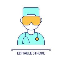 Clinical laboratory worker RGB color icon. Professional doctor in protective uniform. Hospital care. Isolated vector illustration. Simple filled line drawing. Editable stroke. Arial font used