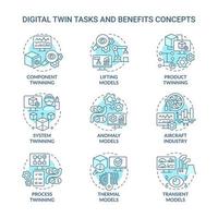 conjunto de iconos de concepto turquesa de tareas gemelas digitales. ideas de la industria aeronáutica ilustraciones en color de línea delgada. dibujos de contorno aislados. trazo editable. roboto-medium, innumerables fuentes pro-bold utilizadas vector