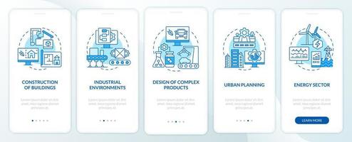 Digital twin use cases blue onboarding mobile app screen. Urban planning walkthrough 5 steps graphic instructions pages with linear concepts. UI, UX, GUI template. Myriad Pro-Bold, Regular fonts used vector