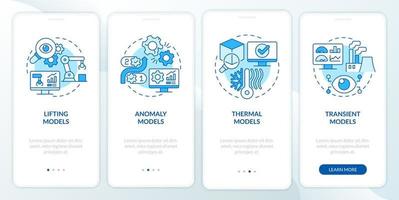 Modelos de gemelos digitales Pantalla de aplicación móvil de incorporación azul. tutorial de modelado 4 pasos páginas de instrucciones gráficas con conceptos lineales. interfaz de usuario, ux, plantilla de interfaz gráfica de usuario. innumerables fuentes pro-negrita y regulares utilizadas vector