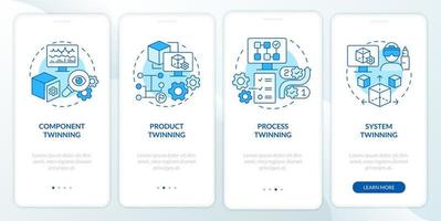 Twinning levels blue onboarding mobile app screen. Component and process walkthrough 4 steps graphic instructions pages with linear concepts. UI, UX, GUI template. Myriad Pro-Bold, Regular fonts used vector