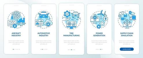 Digital twin usage blue onboarding mobile app screen. Power generation walkthrough 5 steps graphic instructions pages with linear concepts. UI, UX, GUI template. Myriad Pro-Bold, Regular fonts used vector