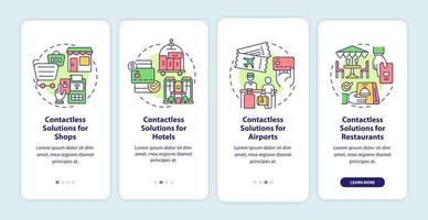 Contactless solution for public place onboarding mobile app screen. Service walkthrough 4 step graphic instructions pages with linear concept. UI, UX, GUI template. Myriad Pro-Bold, Regular fonts used vector