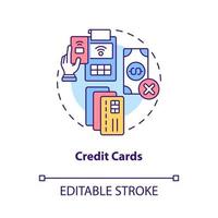 Credit cards concept icon. E wallets and payment online. Touchless system abstract idea thin line illustration. Isolated outline drawing. Editable stroke. Roboto-Medium, Myriad Pro-Bold fonts used vector