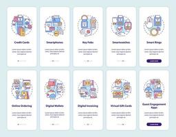 Contactless payment onboarding mobile app screen set. Touchless walkthrough 5 steps graphic instructions pages with linear concepts. UI, UX, GUI template. Myriad Pro-Bold, Regular fonts used vector