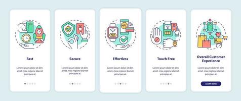 Benefits of contactless payments onboarding mobile app screen. Service walkthrough 5 steps graphic instructions pages with linear concepts. UI, UX, GUI template. Myriad Pro-Bold, Regular fonts used vector