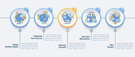 Dealing with anxiety at work circle infographic template. Healthy life. Data visualization with 5 steps. Process timeline info chart. Workflow layout with line icons. Lato-Bold, Regular fonts used vector