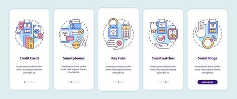 métodos de pago que incorporan la pantalla de la aplicación móvil. Tutorial de servicio sin efectivo Páginas de instrucciones gráficas de 5 pasos con conceptos lineales. interfaz de usuario, ux, plantilla de interfaz gráfica de usuario. innumerables fuentes pro-negrita y regulares utilizadas vector