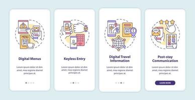 tecnología sin contacto para hoteles que incorporan la pantalla de la aplicación móvil. tutorial de servicio páginas de instrucciones gráficas de 4 pasos con conceptos lineales. interfaz de usuario, ux, plantilla de interfaz gráfica de usuario. innumerables fuentes pro-negrita y regulares utilizadas vector