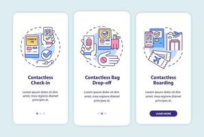 Contactless technology for travel onboarding mobile app screen. Service walkthrough 3 steps graphic instructions pages with linear concepts. UI, UX, GUI template. Myriad Pro-Bold, Regular fonts used vector