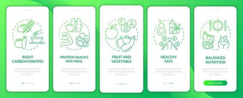 Right food for exercises green gradient onboarding mobile app screen. Eat walkthrough 5 steps graphic instructions pages with linear concepts. UI, UX, GUI template. Myriad Pro-Bold, Regular fonts used vector