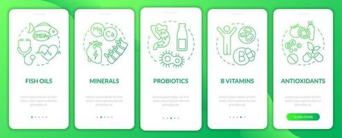 Dietary supplements green gradient onboarding mobile app screen. Meals walkthrough 5 steps graphic instructions pages with linear concepts. UI, UX, GUI template. Myriad Pro-Bold, Regular fonts used vector