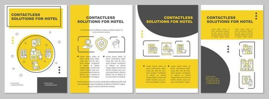 Contactless solutions for hotel yellow brochure template. Booklet print design with linear icons. Vector layouts for presentation, annual reports, ads. Arial, Myriad Pro-Regular fonts used