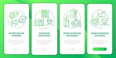 Eating for sports green gradient onboarding mobile app screen. Nutrition walkthrough 4 steps graphic instructions pages with linear concepts. UI, UX, GUI template. Myriad Pro-Bold, Regular fonts used vector