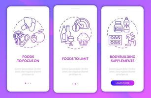 Bodybuilding nutrition purple gradient onboarding mobile app screen. Fit walkthrough 3 steps graphic instructions pages with linear concepts. UI, UX, GUI template. Myriad Pro-Bold, Regular fonts used vector