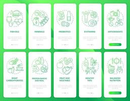 Fitness nutrition green gradient onboarding mobile app screen set. Life walkthrough 5 steps graphic instructions pages with linear concepts. UI, UX, GUI template. Myriad Pro-Bold, Regular fonts used vector