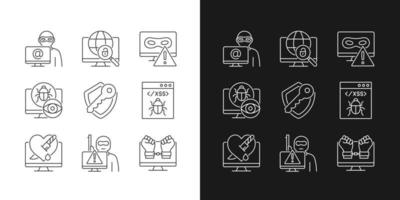 Cyber attacks types linear icons set for dark and light mode. Network crash. Spyware, rootkit. Customizable thin line symbols. Isolated vector outline illustrations. Editable stroke