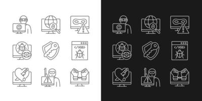 Cyber attacks types linear icons set for dark and light mode. Network crash. Spyware, rootkit. Customizable thin line symbols. Isolated vector outline illustrations. Editable stroke