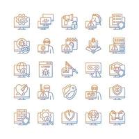 Hacker attack gradient linear vector icons set. Cybercrime. Computer system, network disruption. Isolated vector illustrations. Simple filled line drawings collection. Editable stroke