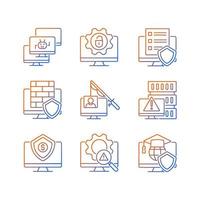 Cybercrime and its prevention gradient linear vector icons set. Phishing and Dos attack. Cybersecurity methods.Thin line contour symbols bundle. Isolated outline illustrations collection