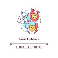 Heart problems concept icon. Cardiovascular system disease. Chest pain abstract idea thin line illustration. Isolated outline drawing. Editable stroke. Roboto-Medium, Myriad Pro-Bold fonts used