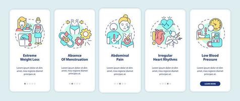 síntomas de anorexia al incorporar la pantalla de la aplicación móvil. Tutorial de pérdida de peso extrema 5 pasos páginas de instrucciones gráficas con conceptos lineales. interfaz de usuario, ux, plantilla de interfaz gráfica de usuario. innumerables fuentes pro-negrita y regulares utilizadas vector