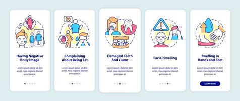 Signs of bulimia onboarding mobile app screen. Having negative body image walkthrough 5 steps graphic instructions pages with linear concepts. UI, UX, GUI template. Myriad Pro-Bold, Regular fonts used vector
