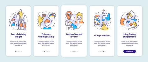 Bulimia symptoms onboarding mobile app screen. Fear of gaining weight walkthrough 5 steps graphic instructions pages with linear concepts. UI, UX, GUI template. Myriad Pro-Bold, Regular fonts used vector