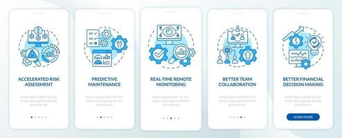 Digital twin benefits blue onboarding mobile app screen. Remote monitor walkthrough 5 steps graphic instructions pages with linear concepts. UI, UX, GUI template. Myriad Pro-Bold, Regular fonts used vector