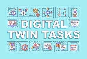 Digital twin tasks word concepts turquoise banner. Engineering. Infographics with linear icons on background. Isolated typography. Vector outline color illustration with text. Arial-Black font used