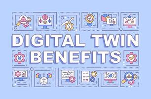 Digital twin benefits word concepts purple banner. Smart industry. Infographics with linear icons on background. Isolated typography. Vector outline color illustration with text. Arial-Black font used