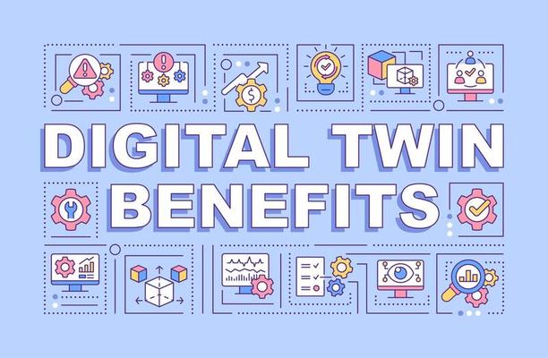 Digital twin benefits word concepts purple banner. Smart industry. Infographics with linear icons on background. Isolated typography. Vector outline color illustration with text. Arial-Black font used