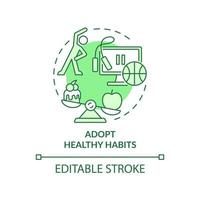 Adopt healthy habits green concept icon. Overcome anxiety symptoms abstract idea thin line illustration. Isolated outline drawing. Editable stroke. Roboto-Medium, Myriad Pro-Bold fonts used vector