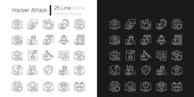 Hacker attack linear icons set for dark and light mode. Computer system disruption. Customizable thin line symbols. Isolated vector outline illustrations. Editable stroke. Quicksand-Light font used