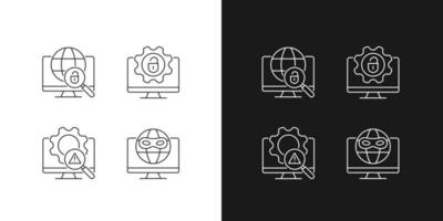 Illegal activities detection linear icons set for dark and light mode. Jailbreak and darknet. Malicious software. Customizable thin line symbols. Isolated vector outline illustrations. Editable stroke